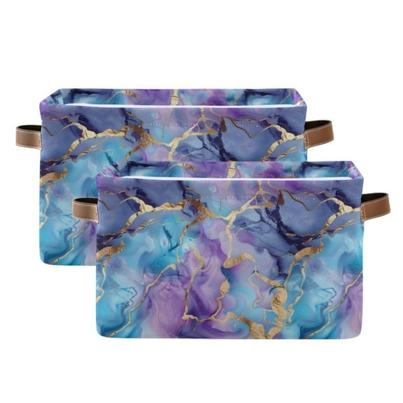 Blue Purple Marble Storage Bins with Handle Fabric Organizer Basket Foldable Box 2 Pack 14.2x10.2x8.3