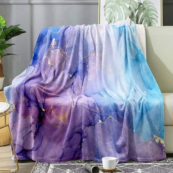 Blue Purple Marble Throw Blanket, Gold Marble Texture Abstract Modern Women Girls Blanket Twin Blanket, Cozy Warm Soft Lightweight Fuzzy Flannel Fleece Blanket for Bed, Couch, Sofa, 60"x80"