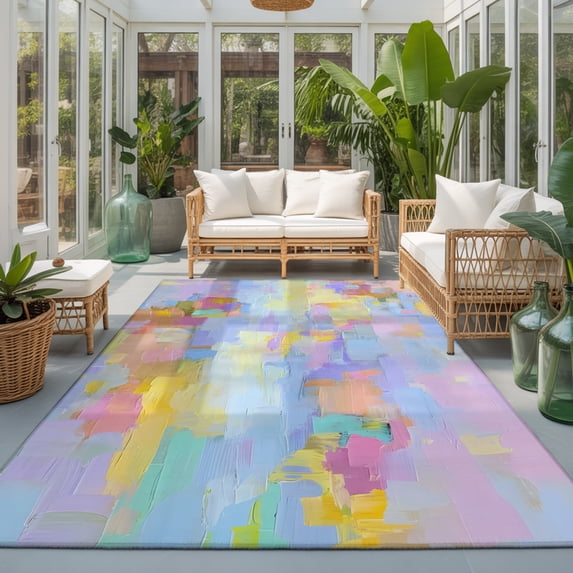 Blue Purple Oil Painting Washable Living Room Rugs 5'x7', Abstarct Blue ...
