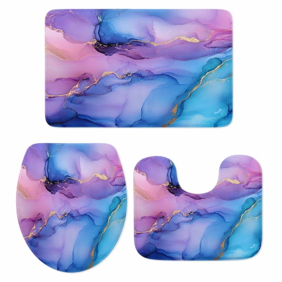 Blue Purple Ombre Bath Mat 3 Piece Bathroom Rug Set, Marble Modern Ink Painted Abstract Non Slip Bath Rug Contour Mat and Toilet Lid Cover, Absorbent Shower Mats Soft Bath Rugs and Mats Sets