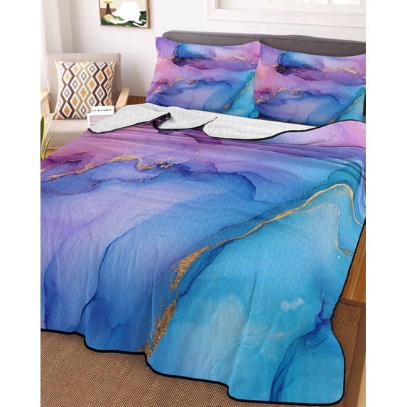 Blue Purple Ombre Full Size Down Alternative Comforter, Lightweight Comforter Quilt Bedding Set with Pillow Shams Marble Modern Ink Painted Abstract All Seasons Bed Comforter Duvet Insert 78"x90"