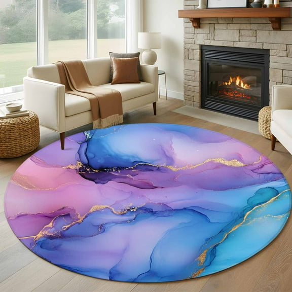 Blue Purple Ombre Round Area Rug 5 FT, Non Slip Bedroom Area Rug, Marble Modern Ink Painted Abstract Washable Soft Circular Carpet Non-Shedding Floor Mat for Kitchen Dining Room Foyer Balcony Dorm