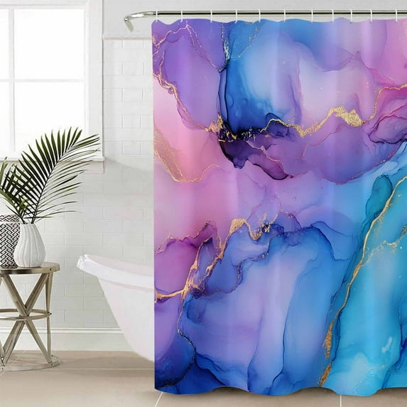 Blue Purple Ombre Waterproof Fabric Shower Curtain, Marble Modern Ink Painted Abstract Shower Curtain for Bathroom Curtains Bathtubs Hotel Washable Shower Curtains with 12 Hooks Standard 66x72
