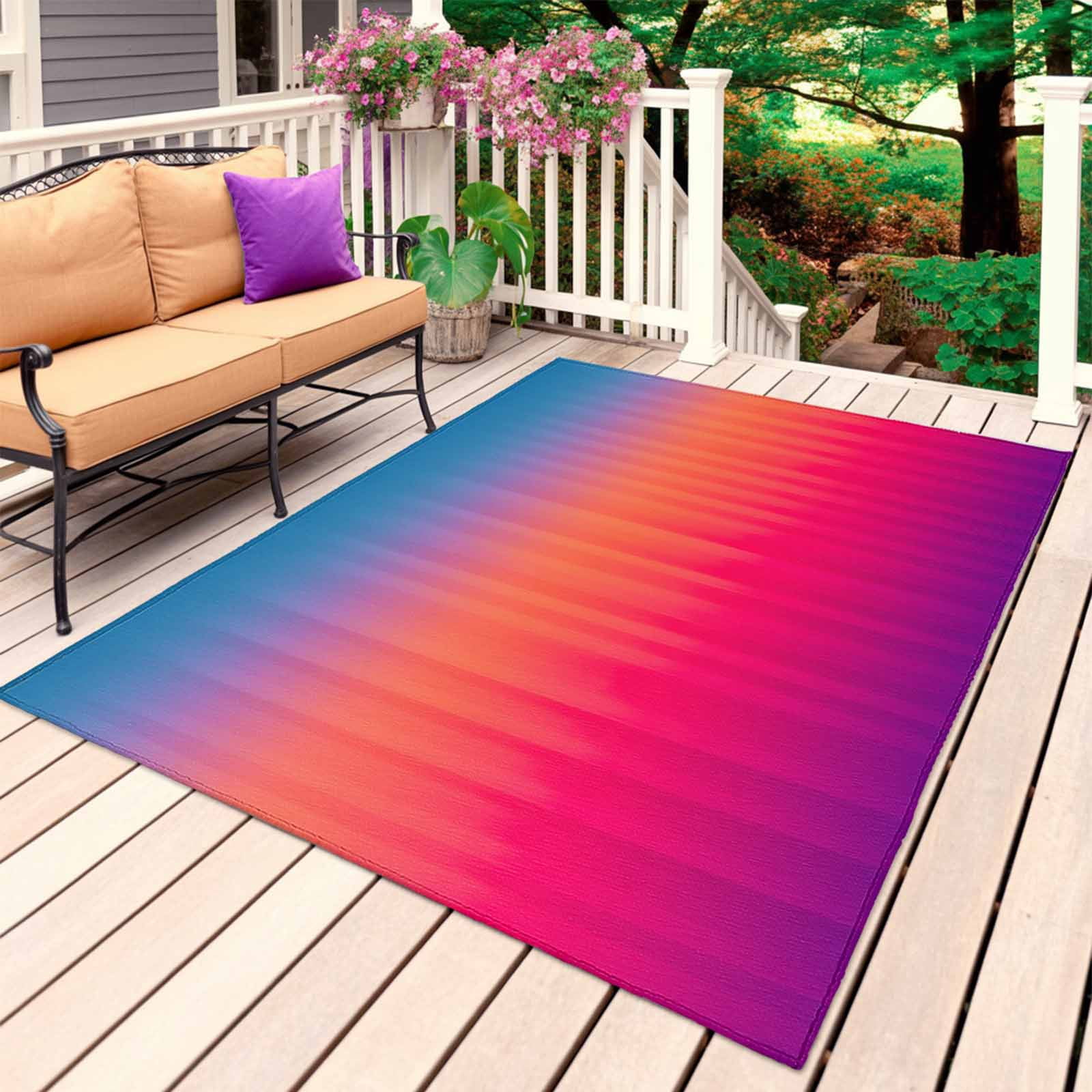 Blue Purple Orange Outdoor Rug for Patio/Deck/Porch, Non-Slip Large ...
