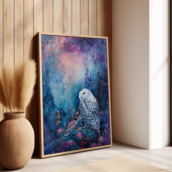 Blue Purple Owl Night Wall Art, Fantasy Nursery Decor, Unframed Paper Print Size 8x12