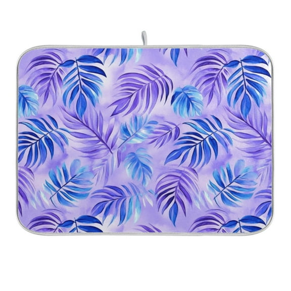 Blue Purple Palm Leaves Dish Drying Mat 16x18 Absorbent Microfiber Draining Rack Pad for Kitchen Counter Sink