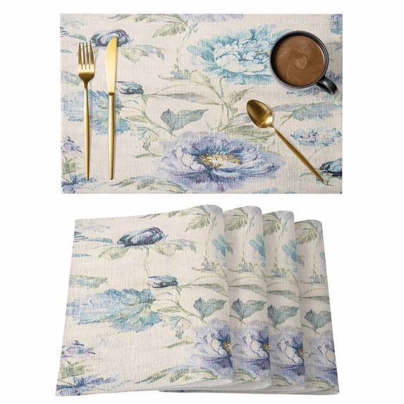 Blue Purple Peony Placemats Set of 6, Spring Vintage Floral Leaf Botanical Watercolor Non-Slip Place Mats Washable Table Mats for Kitchen Dining Table Decorations Indoor/Outdoor