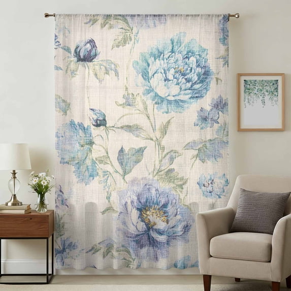 Blue Purple Peony Sheer Curtains 45 Inches Long, Vintage Floral Botanical Light Filering Curtains, Breathable Simi Curtain Privacy Drapes for Kitchen Bathroom Lightweight Small Window Treatment
