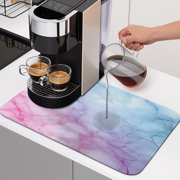 Blue Purple Pink Dish Drying Mats for Kitchen Counter, Marble Texture Fantasy Gradient Abstract Absorbent Coffee Bar Mat with Non-slip Rubber Backed Quick Drying Dish Rack Pad 12"x16"
