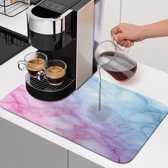 Blue Purple Pink Dish Drying Mats for Kitchen Counter, Marble Texture Fantasy Gradient Abstract Absorbent Coffee Bar Mat with Non-slip Rubber Backed Quick Drying Dish Rack Pad 16"x18"