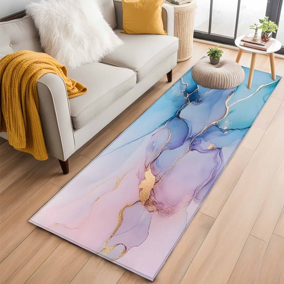 Blue Purple Pink Marble Kitchen Runner Rug 2x6 Washable Runners for Hallway Non Slip Modern Ink Painting Abstract Art Large Area Rug Indoor Floor Carpet for Bathroom Laundry Entryway Bedroom