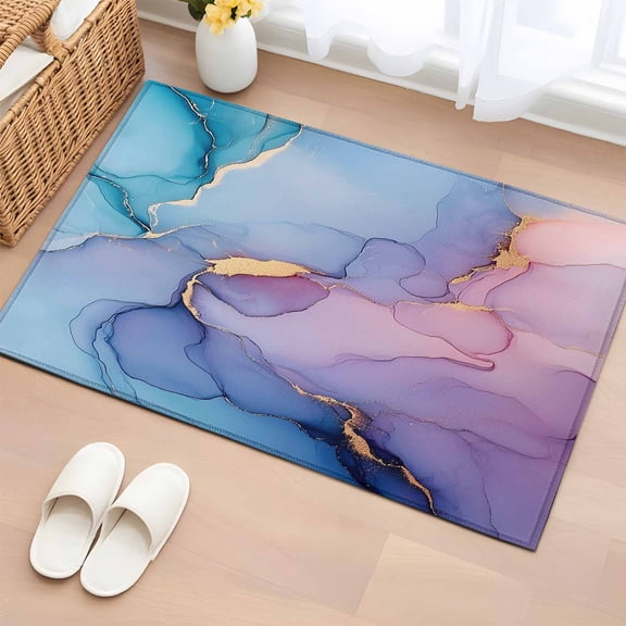Blue Purple Pink Ombre Bathroom Rug Washable 2x3 Entryway Rug Non Slip Modern Marble Abstract Front Door Mat Low Pile Indoor Doormat Throw Floor Carpet for Kitchen Bedroom Entrance
