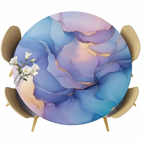 Blue Purple Pink Table Cloth, Round Fitted Tablecloths with Elastic Edge, Luxury Marble Modern Abstract Art Wipeable Waterproof Table Cover for Kitchen Wedding 36-44 Inches