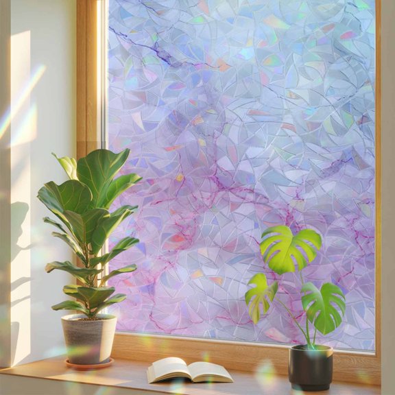 Blue Purple Pink Window Privacy Film, Marble Texture Fantasy Gradient Abstract Stained Glass Rainbow Film Decorative Window Clings, Static Cling Sun Blocking Stickers 17.7" x 39.3"
