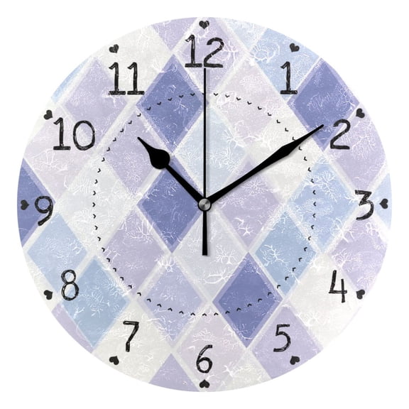 Blue Purple Rhombus Round Wall Clock Silent Analog Battery Operated Black Pointer Home Decor 9.84" Diameter