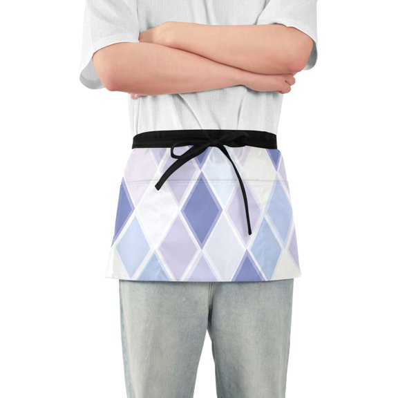Blue Purple Rhombus Short Server Apron with 3 Pockets for Unisex Chef Gardening
