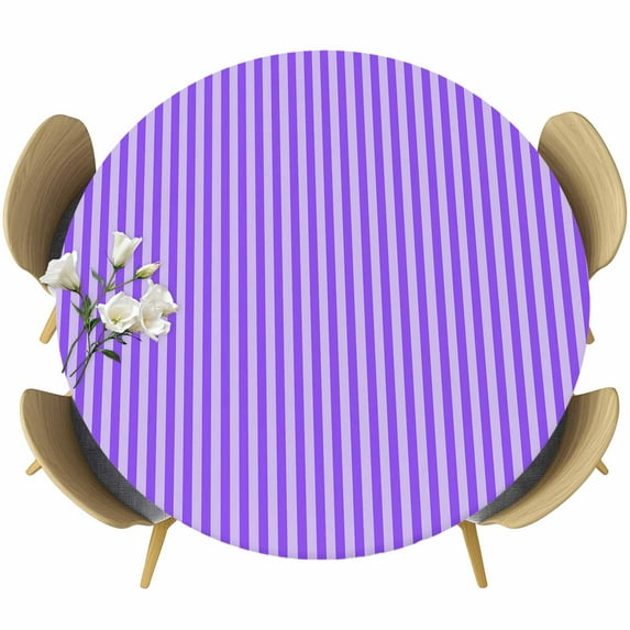 Blue Purple Round Tablecloth 36-44 Inch Round Fitted Table Cloth with Elastic Edge, Geometric Vertical Striped Solid Rainbow Waterproof Table Cover Protector for Outdoor Picnic Party Dining