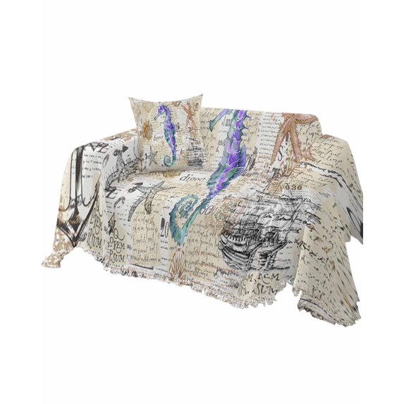 Blue Purple Seahorse Sofa Couch Covers for Dogs,Washable Sofa Throw Cover Single Slipcovers for Armchair with Tassel,Nautical Boat Coastal Starfish Shell Couch Protector Towel Blanket Medium 71x91