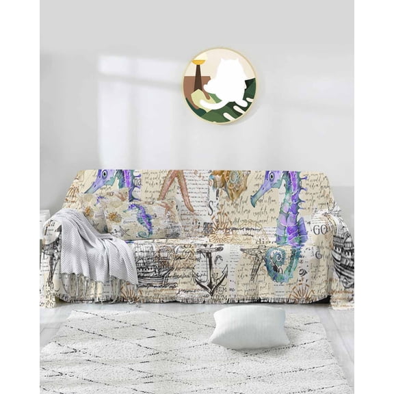 Blue Purple Seahorse Sofa Covers for 3 Cushion,Washable Couch Cover for Sectional Sofa Slipcovers with Tassel,Nautical Boat Coastal Starfish Shell Loveseat Covers Futon Cover Throw Blanket 71x118