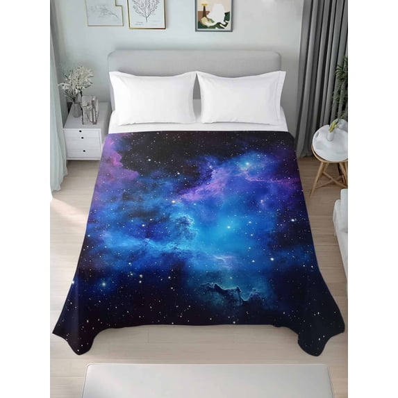 Blue Purple Sky King Size Flat Sheet, Wrinkleproof & Fadeproof Cooling Flat Bed Sheet Only, Abstract Modern Stars Space Breathable Soft Bedding Top Sheets 105 x 98 Inches