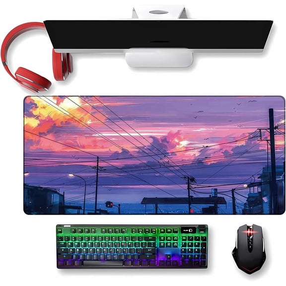 Blue-Purple Sky Mouse Pad XXL Extended Antenna Gaming Desk Pads Rectangular Non-Slip Rubber Mouse Mat Waterproof Office Mousepad with Stitched Edges(Size:31.5x11.8in)