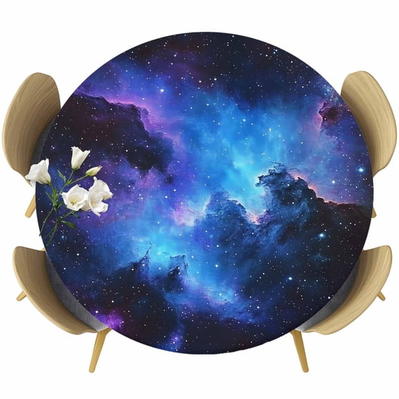 Blue Purple Sky Table Cloth, Round Fitted Tablecloths with Elastic Edge, Modern Abstract Night Stars Wipeable Waterproof Table Cover for Kitchen Wedding 45-54 Inches