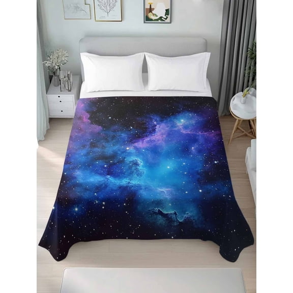 Blue Purple Sky Twim Size Flat Sheet, Wrinkleproof & Fadeproof Cooling Flat Bed Sheet Only, Abstract Modern Stars Space Breathable Soft Bedding Top Sheets 66 x 96 Inches