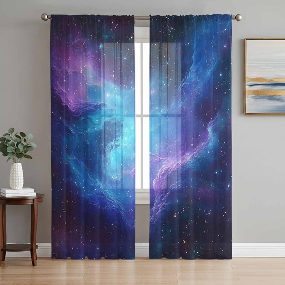 Blue Purple Space Sheer Curtains 63 Inch Length 2 Panels Set, Modern Abstract Stars Sky Voile Window Treatment Rod Pocket Curtains Sheers Drapes for Bedroom/Living Room/Kitchen 52x"63"x2