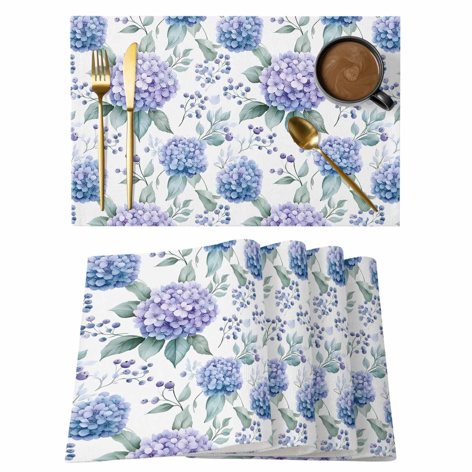 Blue Purple Spring Floral Placemats Set of 2, Cotton Linen Fabric Place ...