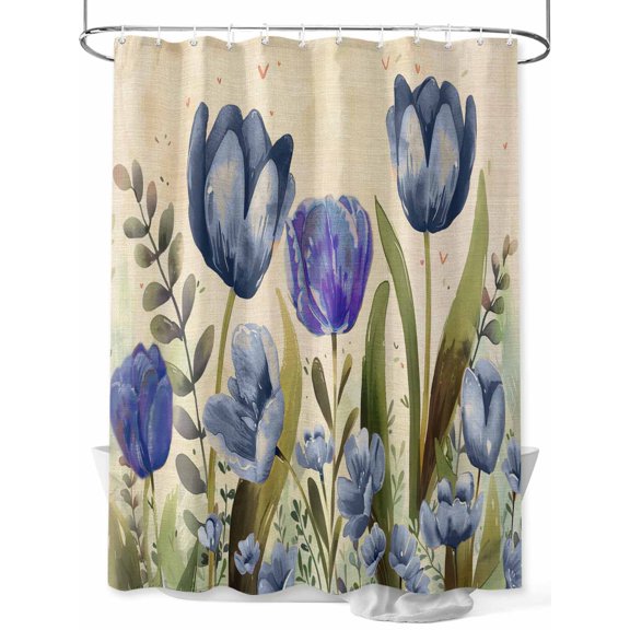 Blue Purple Spring Floral Standard Shower Curtain Set, Waterproof Shower Curtains for Bathroom, Summer Botanical Tulip Vintage Washable Fabric Cloth Bath Curtain for Bathtub with Hooks 72x72 Inches