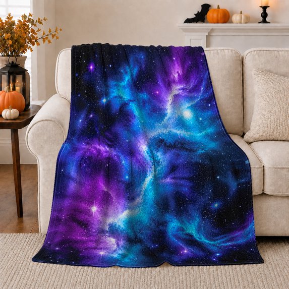 Blue Purple Star Field with Nebula Clouds, Bold Celestial Style for Space Lovers, Galactic Light Scene and Christmas Gift, Cozy Flannel Blanket for Bedroom and Game Room, Celestial Home Decor