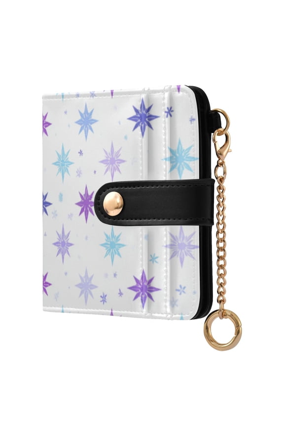 Blue Purple Stars on White Background Women's Wallet PU Leather Card Cases RFID Blocking Purse Billfold with Key Ring