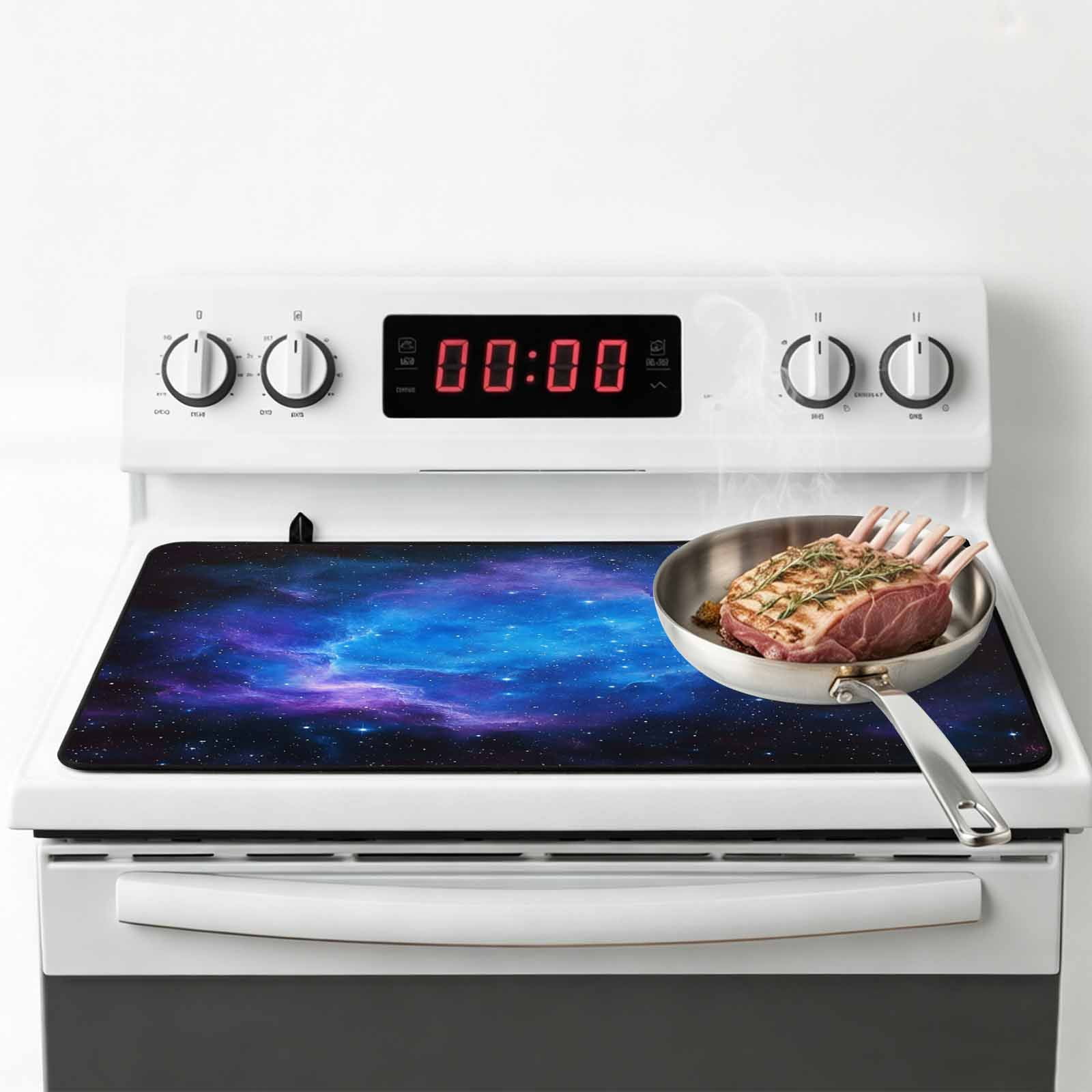 Blue Purple Stove Top Cover for Electric Stove, Heat-proof & Non Slip Glass Top Stove Cover Protector, Modern Abstract Night Sky Stars Kitchen Flat Cooktop Rubber Mat 24x21 Inches