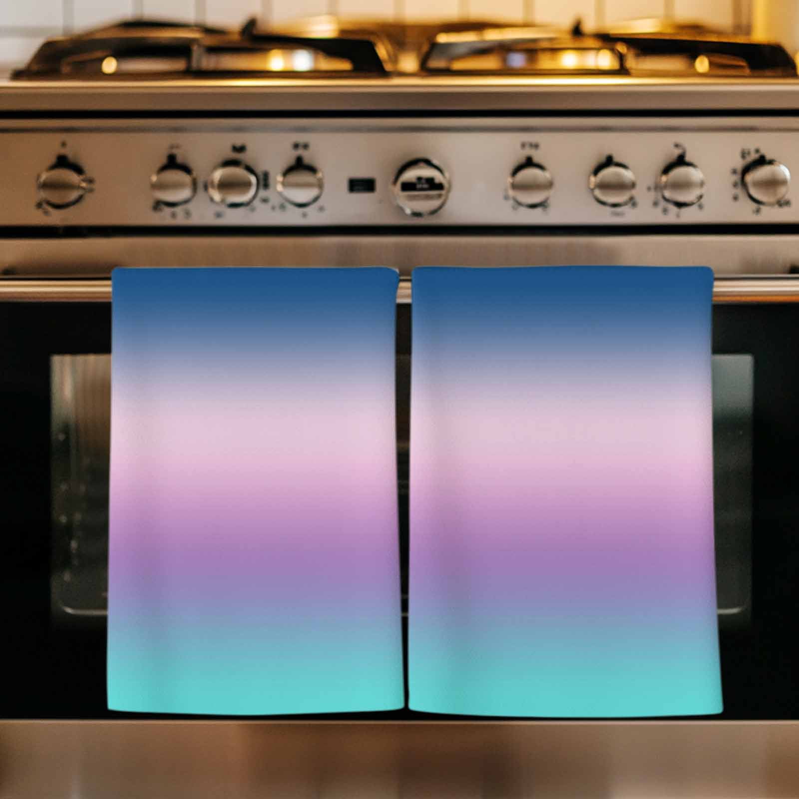 Blue Purple Teal Ombre Cream Kitchen Towels Set of 2, Modern Abstract ...