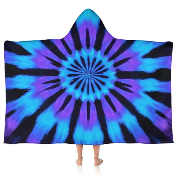Blue Purple Tie Dye Pattern Hooded Bath Towel,50"x30" for Ages 3 To 12 Kids, Quick Dry Lightweight Soft Microfiber Hood Beach Towel Cover Up for Kids