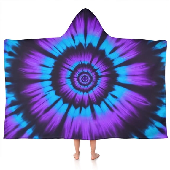 Blue Purple Tie Dye Pattern Hooded Bath Towel,50"x30" for Ages 3 To 12 Kids, Quick Dry Lightweight Soft Microfiber Hood Beach Towel Cover Up for Kids