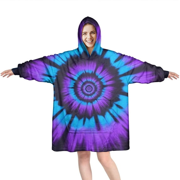 Blue Purple Tie Dye Pattern Wearable Oversized Blanket,Wearable Blanket Hoodie for Adults,Cozy Hooded Blankets with Super Pockets,Super Warm Fuzzy Pullover for Women & Men