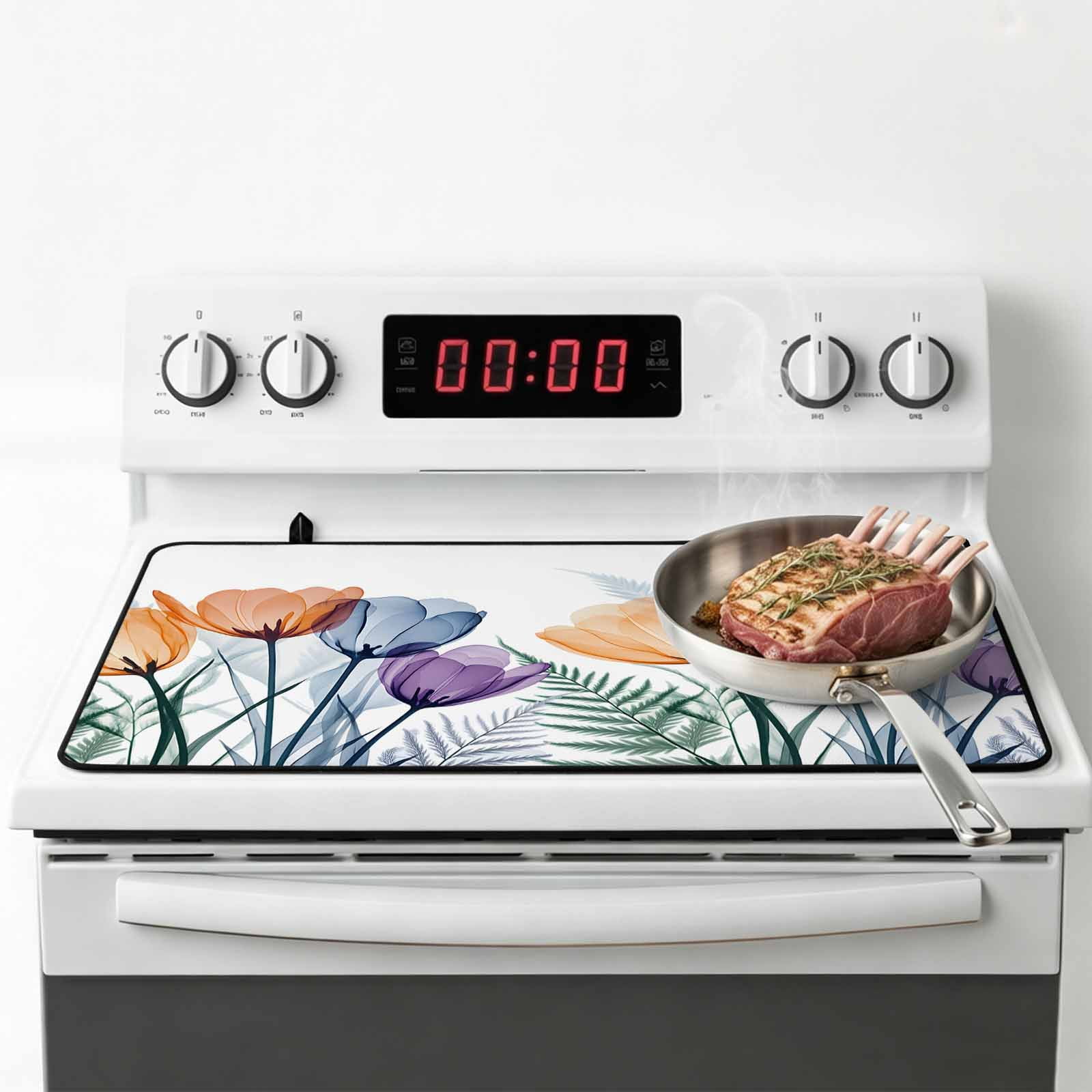 Blue Purple Tulip Stove Top Cover for Electric Stove, Heat-proof & Non Slip Glass Top Stove Cover Protector, Orange Brown Floral Aesthetics Plant Kitchen Flat Cooktop Rubber Mat 24x21 Inches