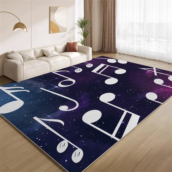 Blue Purple Universe Starry Sky Area Rug White Music Notes Rugs Modern Stylish Non Slip Washable Carpet Soft Low Pile for Bedroom Classroom Home Decor 4x5ft