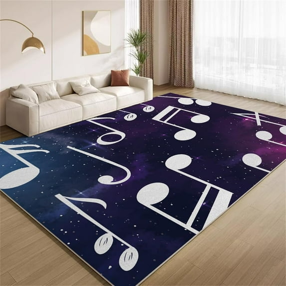 Blue Purple Universe Starry Sky Area Rug White Music Notes Rugs Modern Stylish Non Slip Washable Carpet Soft Low Pile for Bedroom Classroom Home Decor 4x5ft