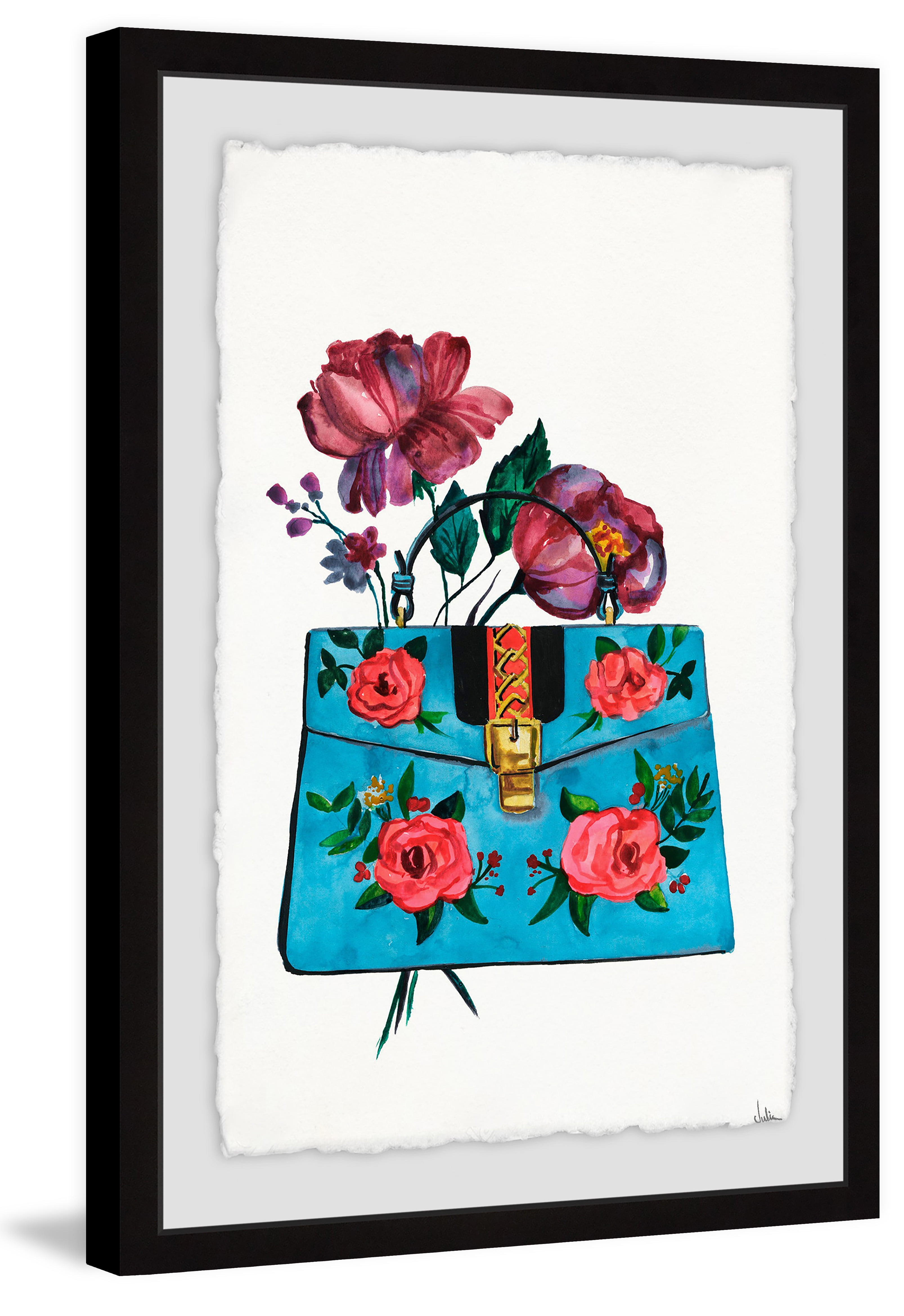 Floral Blue Purse Framed Painting Print, 18" x 12"