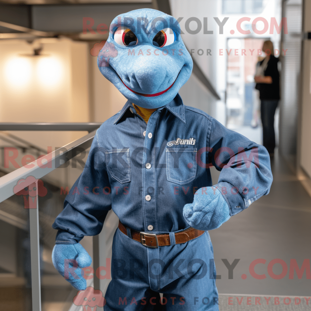 Blue Python REDBROKOLY mascot costume character dressed with a Denim ...