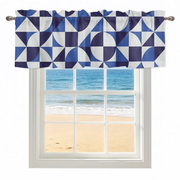 Blue Quarter Circles Valances for Windows, Rod Pocket Kitchen Valance Curtains - Soft & Washable Small Window Treatment for Living Room, Bathroom, Geometric Triangle Shards 42x12inch, 1 Panel