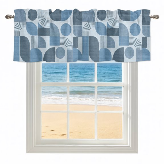 Blue Quarter Circles Valances for Windows, Rod Pocket Kitchen Valance Curtains - Soft & Washable Small Window Treatment for Living Room, Bathroom, Modern Geometric Arch Lines 42x12inch, 1 Panel