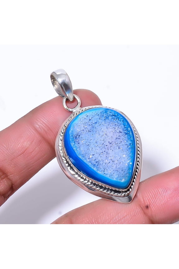 Blue Quartz Drusy - India Handmade 925 Sterling Silver Pendant 1.95" P264