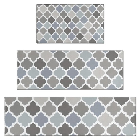 Blue Quatrefoil Geometric Pattern Kitchen Rugs Sets Of 3,Kitchen Runner Rugs Non Skid Washable,Decorative Kitchen Floor Mats for Kitchen,Sink,Laundry,17"x30"+ 17"x47" + 17"x59"
