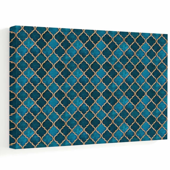 Blue Quatrefoil Tile Canvas Wall Art, Moroccan Tile Grid Gold Lines ...