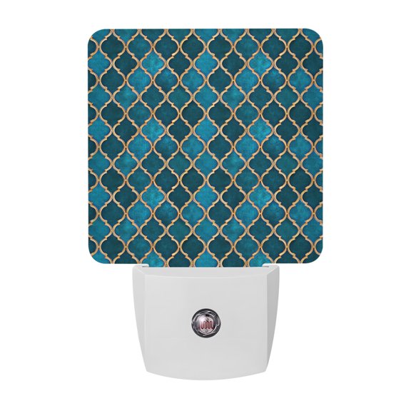 Blue Quatrefoil Tile LED Night Light, Moroccan Tile Grid Gold Lines Night Lights plug into Wall with Smart Sensor Dusk to Dawn Sensor for Nursery Bedroom 2.95x4.5in