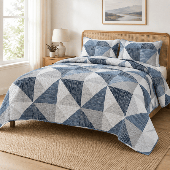Blue Queen 90“×96” 3-Piece Lightweight Patchwork Quilt Bedding Set ...
