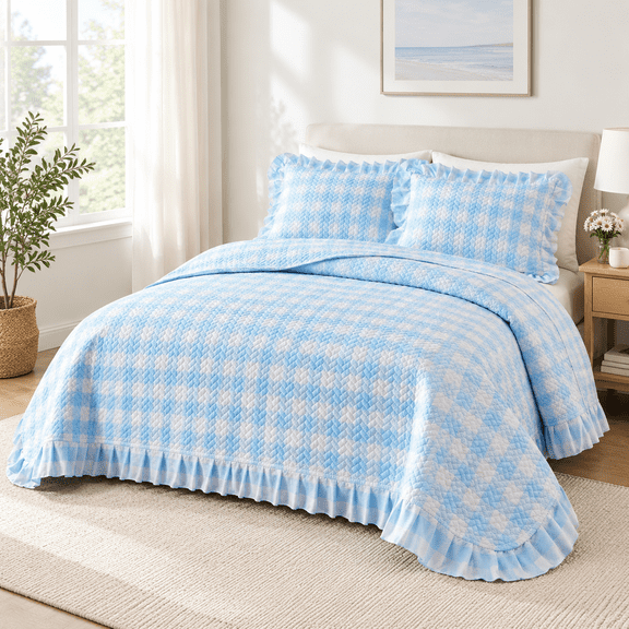 Blue Queen- 90"x90" 3-Piece Gingham Ruffle Quilt Set All Season Bedspread Coverlet